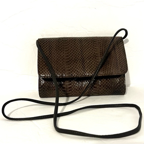 Lord & Taylor Brown Vintage Snake Skin Leather Convertible Clutch/Shoulder Bag - Picture 9 of 11